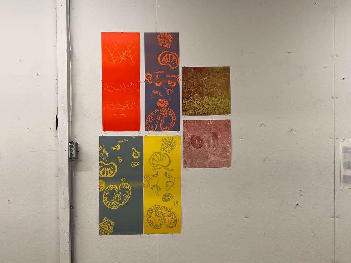 Haystack lithography prints installed on a studio wall